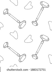Vector seamless pattern of hand drawn doodle sketch gua sha face massage roller isolated on white background