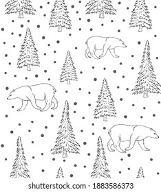Vector seamless pattern of hand drawn doodle sketch bear and forest spruce tree isolated on white background