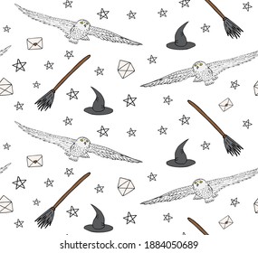 Vector seamless pattern of hand drawn doodle sketch colored magic owl hat and broom isolated on white background