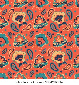 vector seamless pattern with hand drawn floral ornament in ethnical Indian style
on orange background . pattern for printing on fabric, wrapping paper, clothes.
background for websites and application