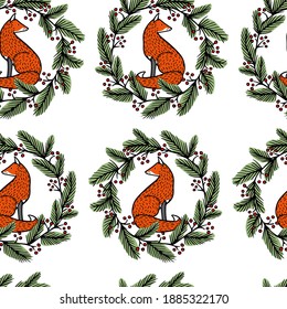 Vector seamless pattern with hand drawn sweet red foxes in floral wreath with pine twigs and red berries. Beautiful animals design elements, ink drawing. Perfect for prints and patterns