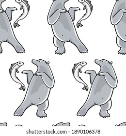 Vector seamless pattern with hand drawn dancing polar bear juggling freshly caught fish. Beautiful ink drawing, animal design elements. Perfect for prints and patterns
