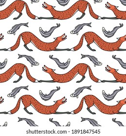 Vector seamless pattern with hand drawn sweet red fox with freshly caught fish. Beautiful animals design elements, ink drawing. Perfect for prints and patterns