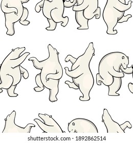 Vector seamless pattern with hand drawn happy blissful dancing polar bear. Beautiful ink drawing, animal design elements. Perfect for prints and patterns