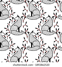 Vector seamless pattern with hand drawn sweet foxes with red berries wreath. Beautiful animals design elements, ink drawing made in linocut style. Perfect for prints and patterns