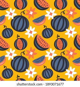 vector seamless pattern with hand drawn repeating watermelons on a yellow background. bright flat illustration for printing on fabric, clothing, wrapping paper. background for web and applications