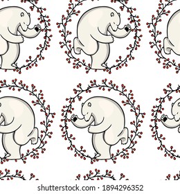 Vector seamless pattern with hand drawn cute polar bears dancing in floral red berries wreath. Beautiful ink drawing, animal design elements. Perfect for prints and patterns