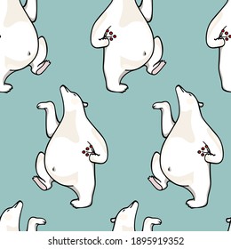 Vector seamless pattern with hand drawn happy blissful dancing polar bear with red berry twig. Beautiful ink drawing, animal design elements. Perfect for prints and patterns