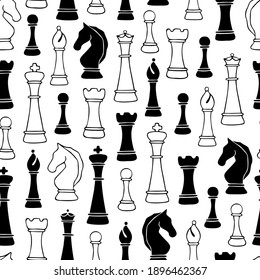 Vector seamless pattern with hand drawn chess pieces: pawn, rook, bishop, knight, queen and king.