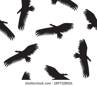 Vector seamless pattern of hand drawn flying griffon vulture bird silhouette isolated on white background