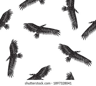 Vector seamless pattern of hand drawn doodle sketch black flying griffon vulture bird isolated on white background