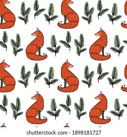 Vector seamless pattern with hand drawn sweet red foxes with pine twigs. Beautiful animals design elements, ink drawing made in cartoonish style. Perfect for prints and patterns