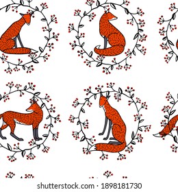 Vector seamless pattern with hand drawn sweet red foxes in floral red berry wreaths. Beautiful animals design elements, ink drawing made in cartoonish style. Perfect for prints and patterns