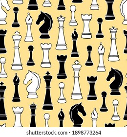 Vector seamless pattern with hand drawn chess pieces: pawn, rook, bishop, knight, queen and king.