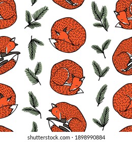 Vector seamless pattern with hand drawn sweet sleeping foxes with pine twigs borders. Beautiful animals design elements, ink drawing made in cartoonish style. Perfect for prints and patterns