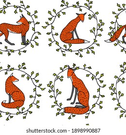 Vector seamless pattern with hand drawn sweet foxes in floral leafy wreath. Beautiful animals design elements, ink drawing made in cartoonish style. Perfect for prints and patterns