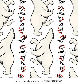 Vector seamless pattern with hand drawn cute dancing polar bears with floral red berries borders. Beautiful ink drawing, animal design elements. Perfect for prints and patterns