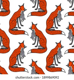 Vector seamless pattern with hand drawn sweet red fox with freshly caught fish. Beautiful animals design elements, ink drawing. Perfect for prints and patterns