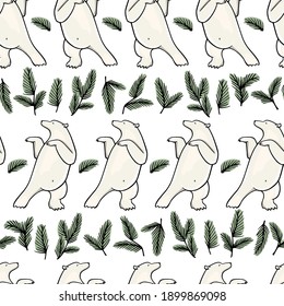 Vector seamless pattern with hand drawn cute polar bears dancing among pine twigs borders. Beautiful ink drawing, animal design elements. Perfect for prints and patterns