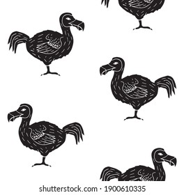 Vector seamless pattern of hand drawn doodle sketch black dodo bird isolated on white background