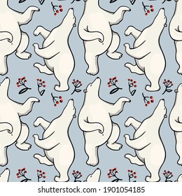 Vector seamless pattern with hand drawn cute dancing polar bears with floral red berries borders. Beautiful ink drawing, animal design elements. Perfect for prints and patterns