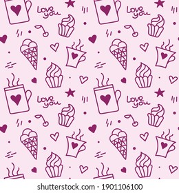 Vector seamless pattern with hand drawn heart, cups, ice cream and cakes on Valentine's Day.