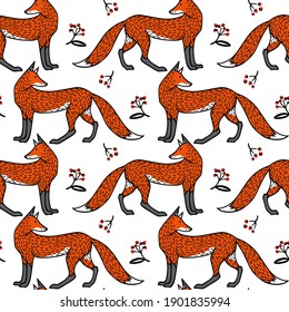 Vector seamless pattern with hand drawn sweet foxes with red berries twigs. Beautiful animals design elements, ink drawing made in linocut style. Perfect for prints and patterns