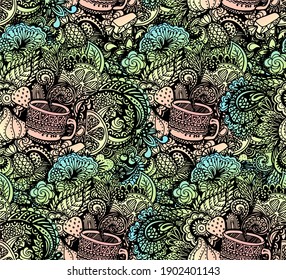 Vector seamless pattern with hand drawn decorative lines. Illustration on the theme of coffee, tea and sweets. Coloring antistress