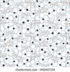 Vector seamless pattern with hand drawn insects mosquito and flies from decorative lines. Illustration on the theme of wildlife, dangerous animals, parasites. Coloring antistress