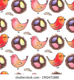 Vector seamless pattern with hand drawn bird and bird nests with eggs. Graphic style, beautiful design elements, perfect for prints and patterns.