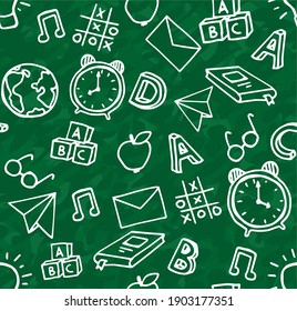 Vector seamless pattern with hand drawn school symbols. Alarm clock, cubes, book, fruits, letter drawn on blackboard by line. Background for children and students