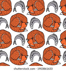 Vector seamless pattern with hand drawn sweet sleeping red fox with freshly caught fish. Beautiful animals design elements, ink drawing. Perfect for prints and patterns