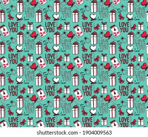 Vector seamless pattern with hand drawn pictures about love. Icons for valentine's day, wedding and declaration of love. Illustration for printing onto fabrics and wrapping paper. Hearts, gifts, bows