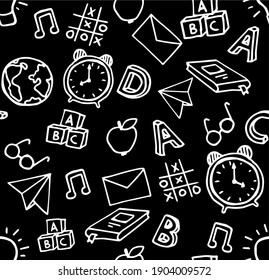 Vector seamless pattern with hand drawn school symbols. Alarm clock, cubes, book, fruits, letter drawn by line  on the blackboard. Background for children and students