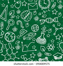 Vector seamless pattern with hand drawn school symbols. Physics, chemistry, biology, geography, mathematics. Science elements are drawn  on the blackboard with a line. Background for children