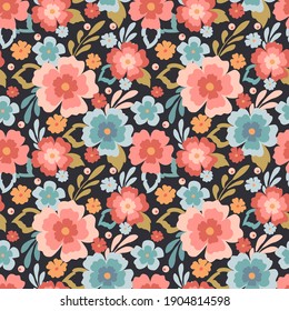 vector seamless pattern with hand drawn floral ornament on a black background. patern for printing on clothing, fabric, wrapping paper,  flower background, wallpaper