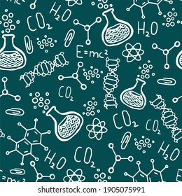 
Vector Seamless Pattern With Hand Drawn School Symbols. Physics, Chemistry, Biology. Science Elements Are Drawn With A Line. Background For Children And Students