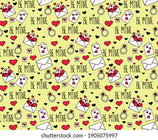 Vector seamless pattern with hand drawn pictures about love. Icons for valentine's day, wedding and declaration of love. Illustration for printing onto fabrics and wrapping paper. Hearts, gifts, bows