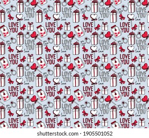 Vector seamless pattern with hand drawn pictures about love. Icons for valentine's day, wedding and declaration of love. Illustration for printing onto fabrics and wrapping paper. Hearts, gifts, bows