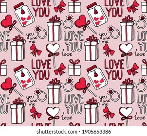 Vector seamless pattern with hand drawn pictures about love. Icons for valentine's day, wedding and declaration of love. Illustration for printing onto fabrics and wrapping paper. Hearts, gifts, bows