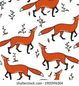Vector seamless pattern with hand drawn sweet red foxes wandering around. Beautiful animals design elements, ink drawing made in linocut style. Perfect for prints and patterns