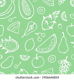 Vector seamless pattern of hand drawn silhouettes of fruits: pear, papaya, dragon fruit, banana, grape, watermelon, lemon, kiwi, mango, apple, cherry.