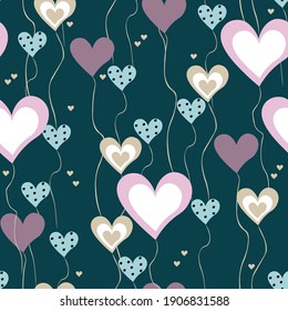 Vector seamless pattern with hand drawn hearts, balloons. Valentines day background. Pink, blue, white, beige, teal color. Love theme. Doodle style illustration. Cute repeat design for textile, print