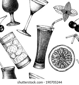 Vector seamless pattern with   hand drawn cocktails,  berries and fruits isolated on white