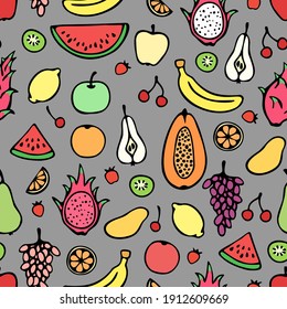 Vector seamless pattern of hand drawn colored fruits: pear, papaya, dragon fruit, banana, grape, watermelon, lemon, kiwi, mango, apple, cherry.