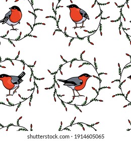 Vector seamless pattern with hand drawn sweet bullfinches in winter floral wreath made with ink. Beautiful animal design elements, perfect for prints and patterns