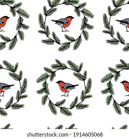 Vector seamless pattern with hand drawn sweet bullfinches in winter pine wreath made with ink. Beautiful animal design elements, perfect for prints and patterns