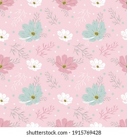 vector seamless pattern with hand drawn chamomiles (floral ornament) on a pink background. patern for printing on clothing, fabric, wrapping paper, flower background, wallpaper