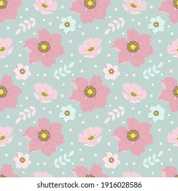 vector seamless pattern with hand drawn floral ornament on a blue background in gentle colors. patern for printing on clothing, fabric, wrapping paper, flower background, wallpaper