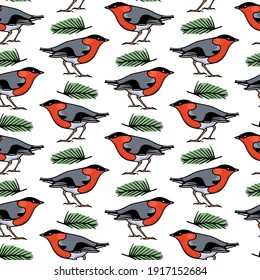 Vector seamless pattern with hand drawn sweet bullfinches with pine twigs made with ink. Beautiful animal design elements, perfect for prints and patterns